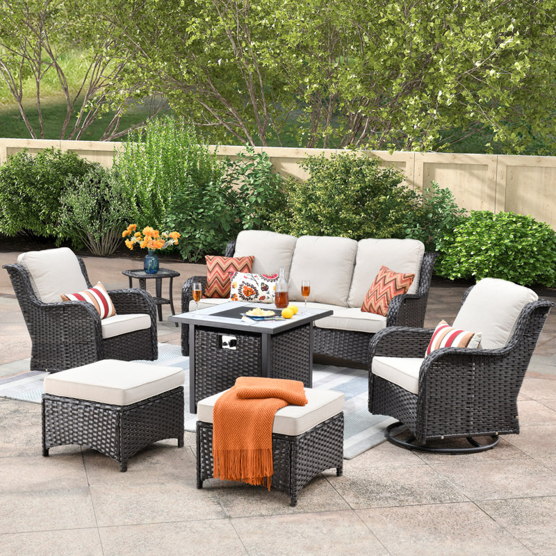 7 Piece Rattan Sofa Seating Group with Fire Pit and Cushions, Beige, Brown