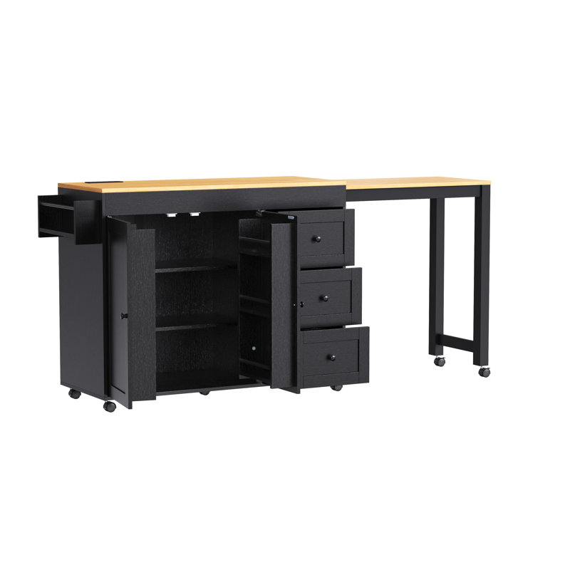 74.8" Kitchen Island With Extendable Table, 3 Drawers, Power Outlet & Wheels, Storage Cart With Spice Rack, Black