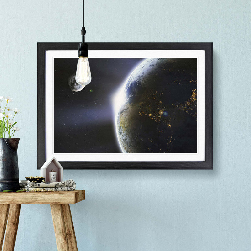 The Moon and Planet Earth - Picture Frame Photograph Print, 36cm H x 48cm W x 2cm D, Black Framed