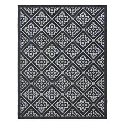 Solterra Greti Black White Cream Casual Floral Tile Flatweave Polypropylene Indoor/ Outdoor Area Rug