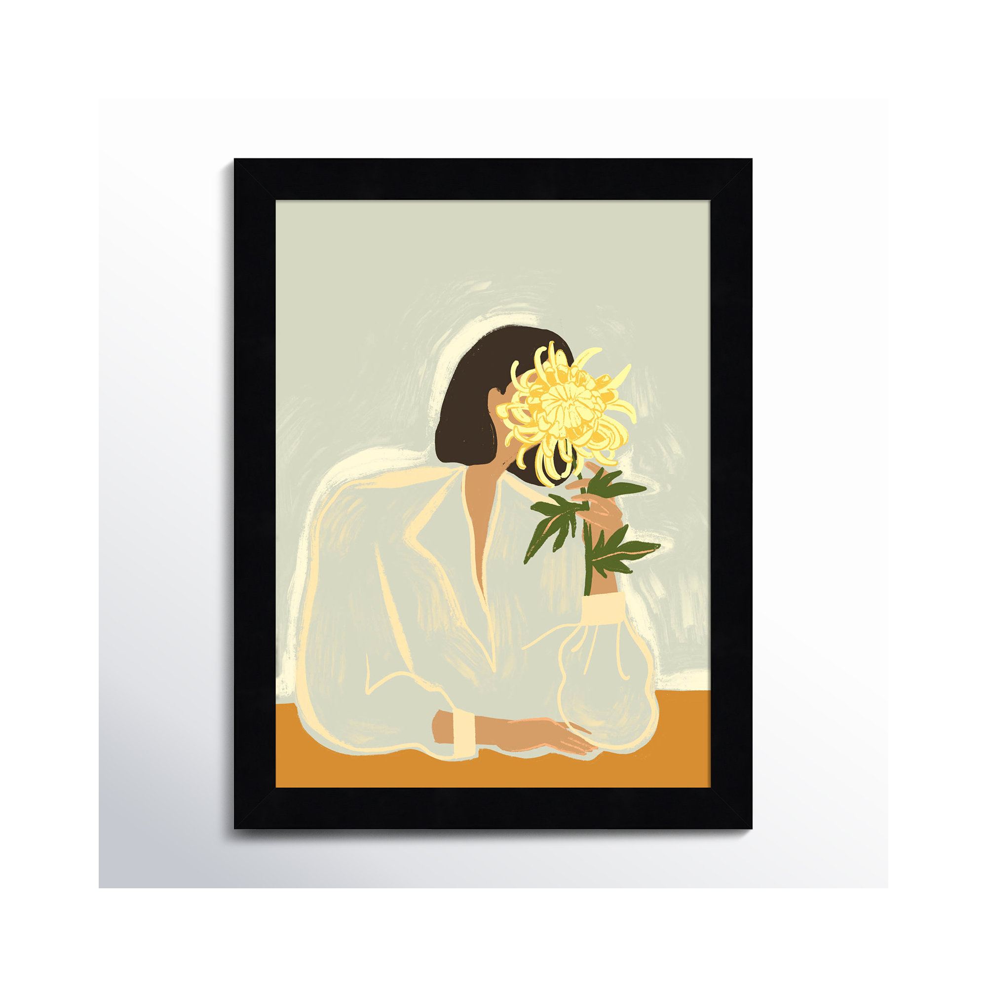 Lady With Chrysanthemum by Arty Guava Wood Framed Wall Art Print, Black, 13" H x 10" W