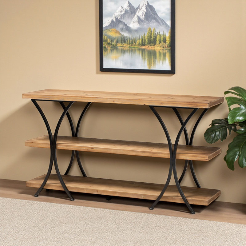 Parkland Console Table in Natural Brown Black Metal, 31.33" H X 59.56" W X 15.80" D