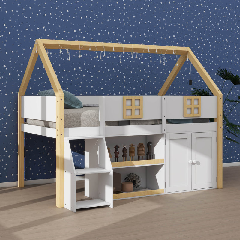 Full-Scale House-Inspired Low Loft Bed With Integrated Shelving, Cabinets & LED Lights, Wooden Playhouse Loft Bed Equipped With Step Ladder