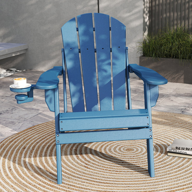 HDPE Folding Outdoor Adirondack Chair With Cup Holder, Blue