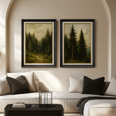 Tranquil Pine Forest Nature Landscape in Deep Green and Earth Tones Rustic or Cabin Decor - Set of 2 Premium Framed Wall Art Print on Paper 26"x36"