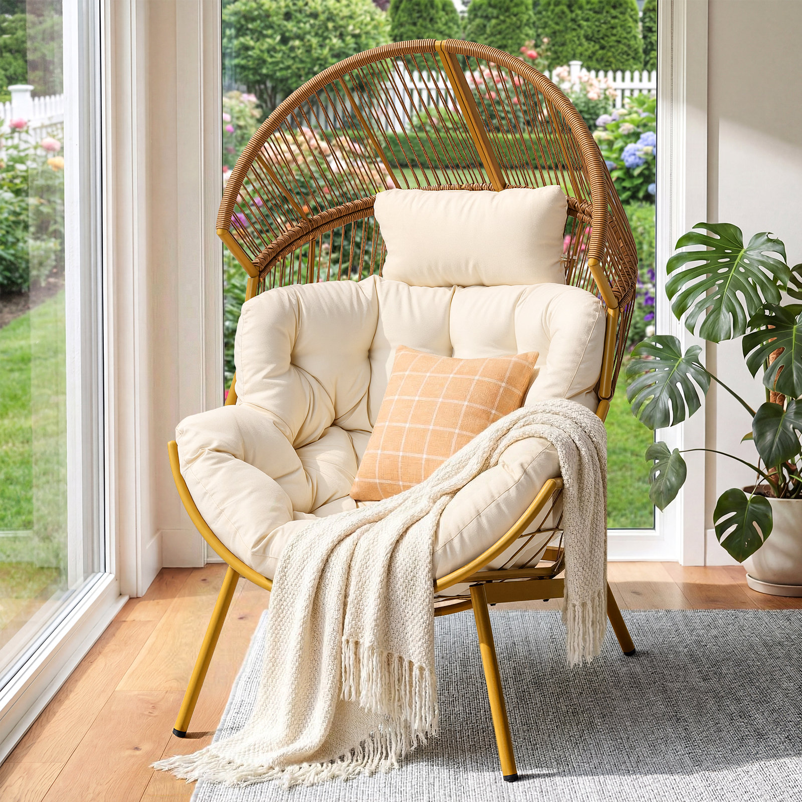 Reclining Patio Lounge Chair, Beige, Natural/Gold