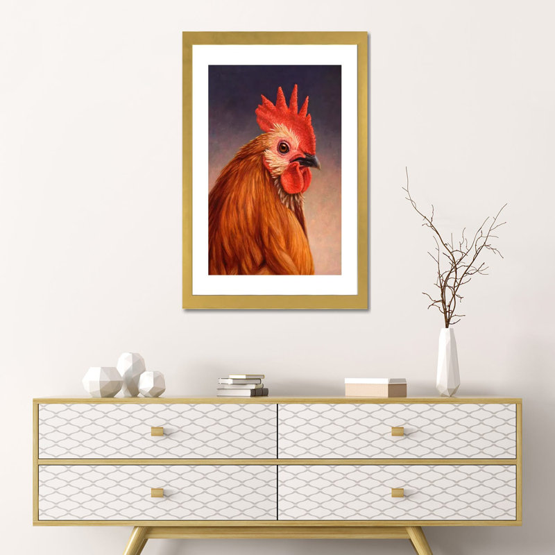 Coq par James W. Johnson - reproduction d'art, Papier encadré doré, H 24 po x l 16 po x P 1 po, Blanc