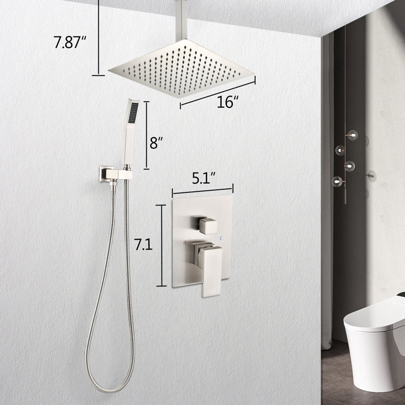 Douche de plafond - Pommeau de 40 cm et douchette, nickel brossé, laiton, effet pluie naturelle, buse autonettoyante, compatible avec les tuyaux standards américains. Montage nickelé. Composition recréant un effet pluie.