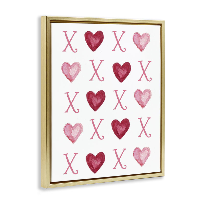 Art mural sur toile flottant rose avec coeurs Xoxo par Elizabeth Tyndal, Cadre flottant métallique doré, H 31 po x l 25 po