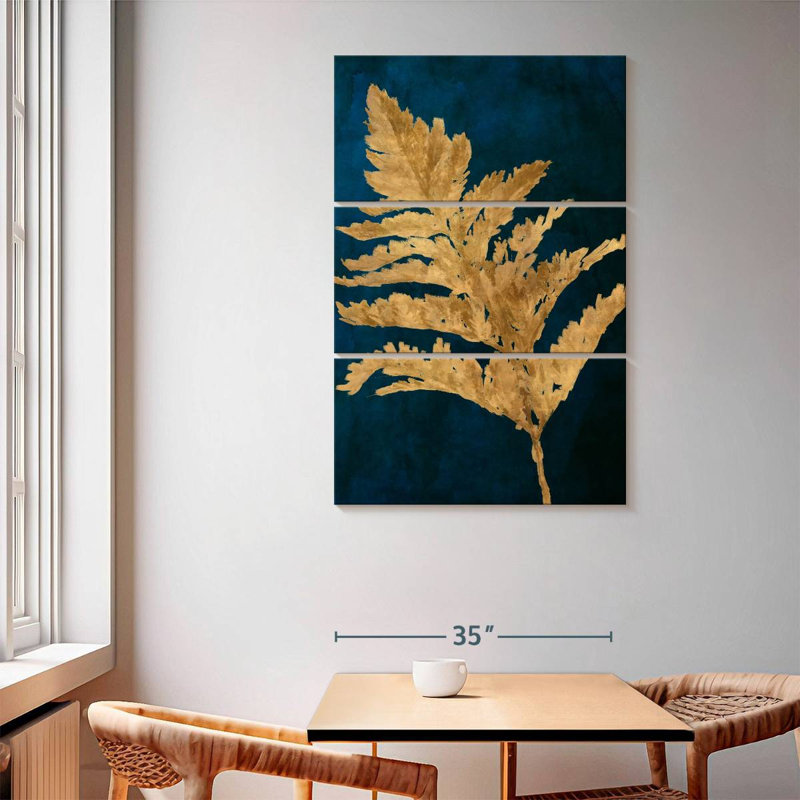 Harnek, feuilles d'or sur bleu marine I, H 65 po x l 42 po