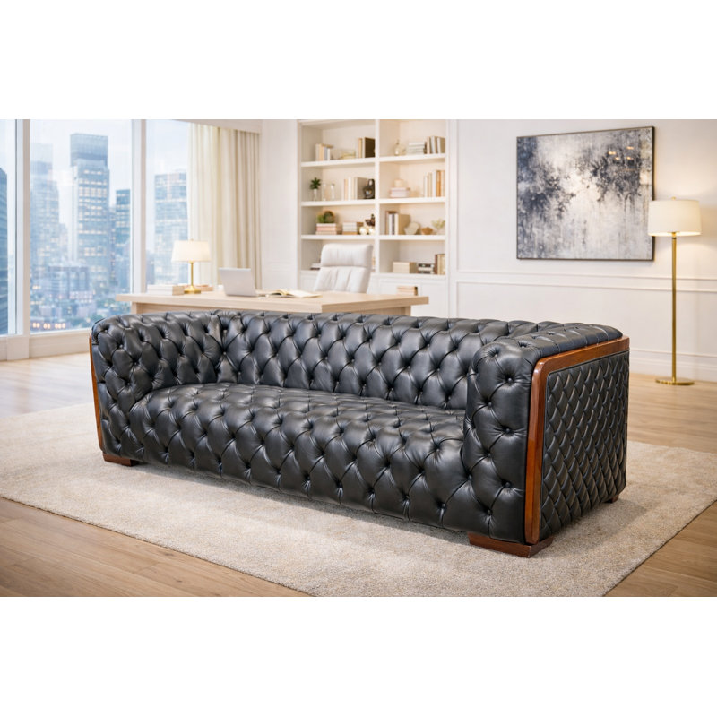 Modern Tufted Leather Sofa with Wood Accents in Dark Gray
