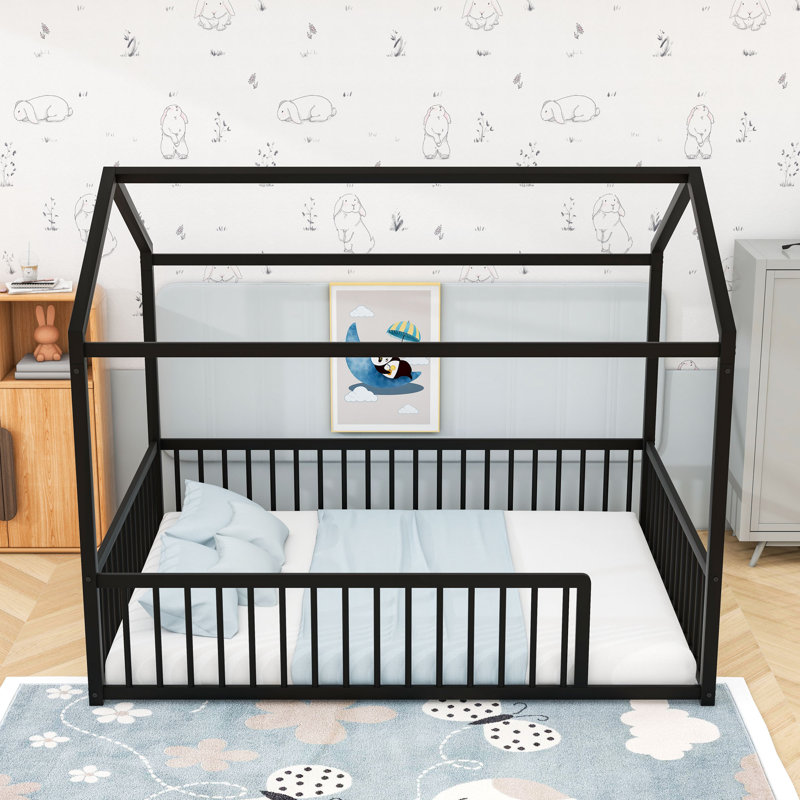 Metal House Shaped Bed With Fence, Black, Full