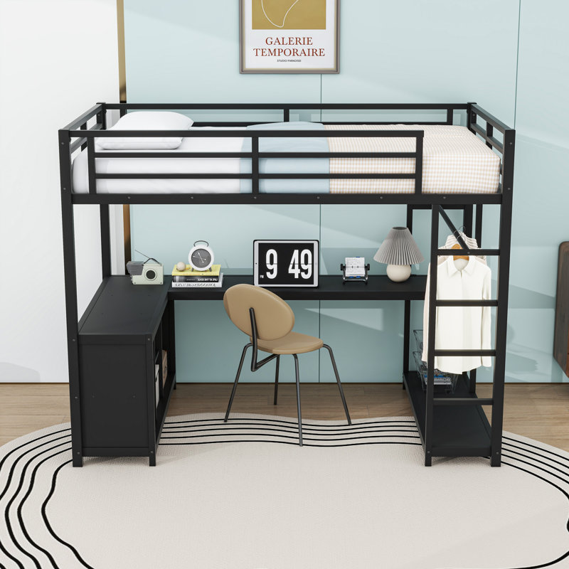 Lit mezzanine en métal avec bureau en L et tablettes de rangement, Simple très long, Noir
