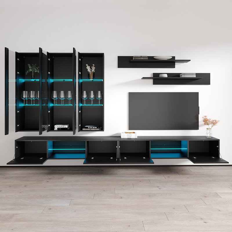 Ballina 126" Modern Floating Wall Mounted Entertainment Center with 16-Color LED Lighting, High Gloss Finish, Black