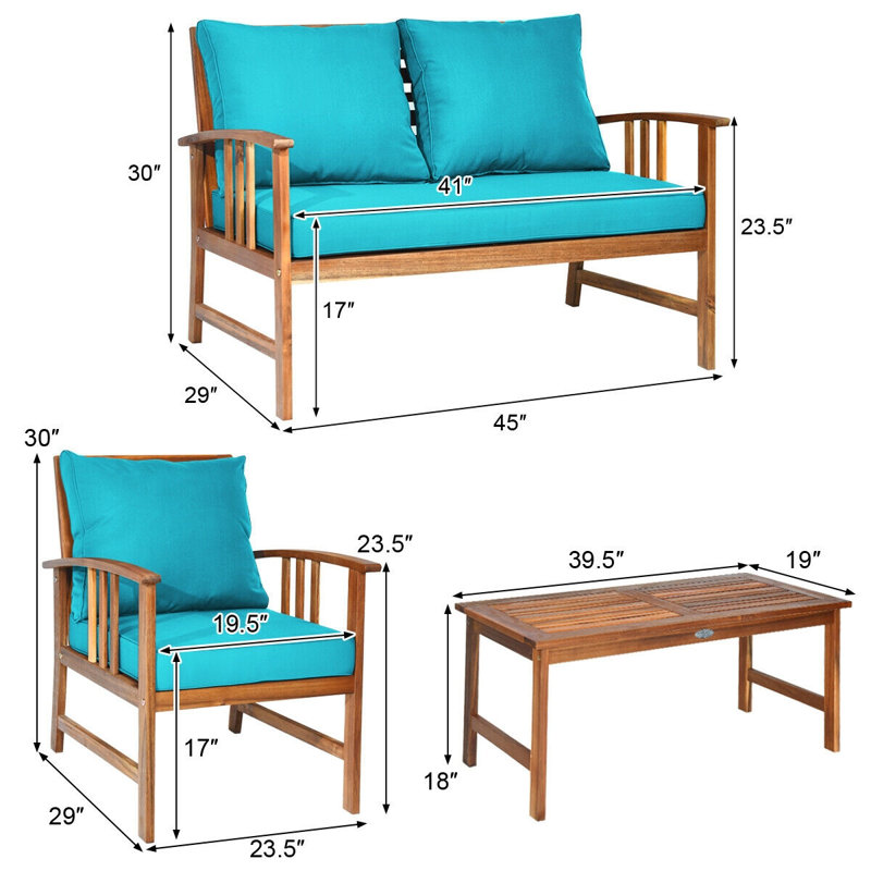 Aisling Acacia 4 - Person Patio Conversation Set with Cushions, Blue