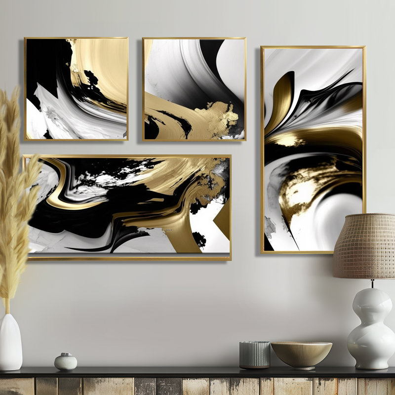 Golden Wave Reflections II - Art mural moderne sur toile 4 pièces, Impression encadrée sans passe-partout, Doré