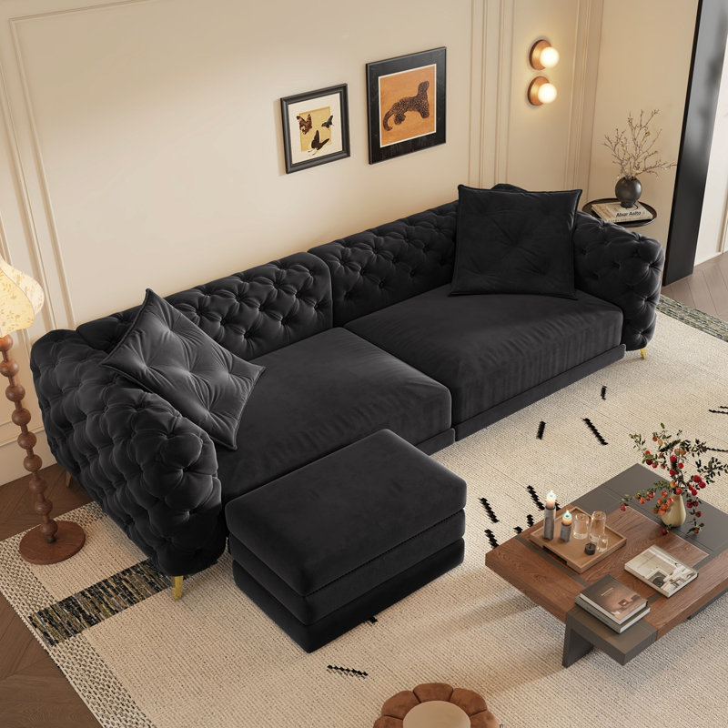 97.7" 3-In-1 Convertible Sleeper Sofa,28.4" Deep Seat Pull Out Sofa Bed,Button Tufted Modern Sofa,4-Seater Couch With Movable Ottoman  For Apartment,Office,Bedroom, Black