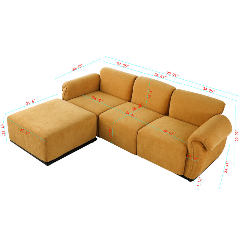 L-Shaped Sectional Sofa Couch With Reversible Ottoman, Yellow