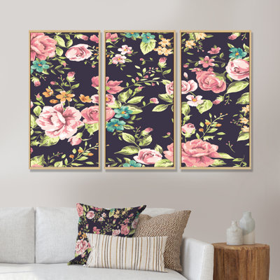 Roses rétro sur fond bleu foncé - ensemble de 3 reproductions d'art encadrées sur toile