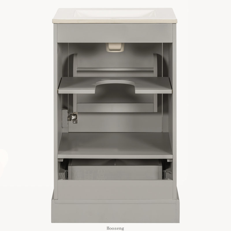 Meuble-lavabo de 50 cm avec lavabo en céramique, porte à fermeture amortie, tablette réglable en forme de U, tiroir compartimenté et tablette de porte.