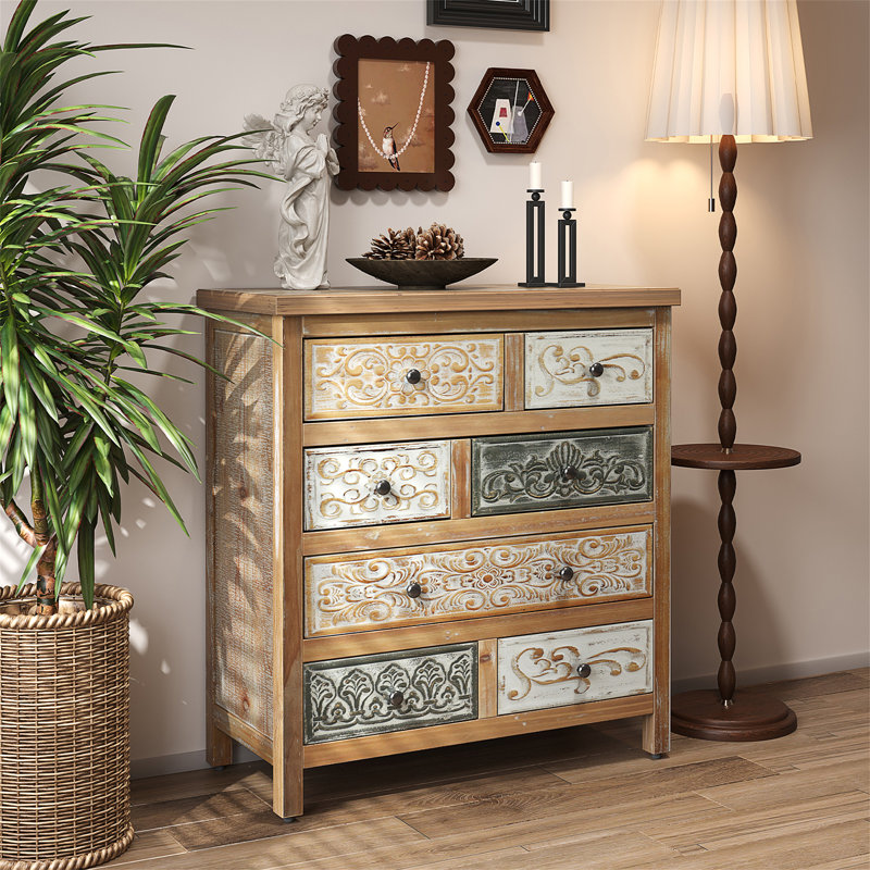 Commode d'appoint rétro en bois avec 6 tiroirs, commode de rangement rustique multicolore sculptée pour chambre à coucher, salon, décor de style campagnard (L 25,59 po x l 12,6 po x H 33,07 po)