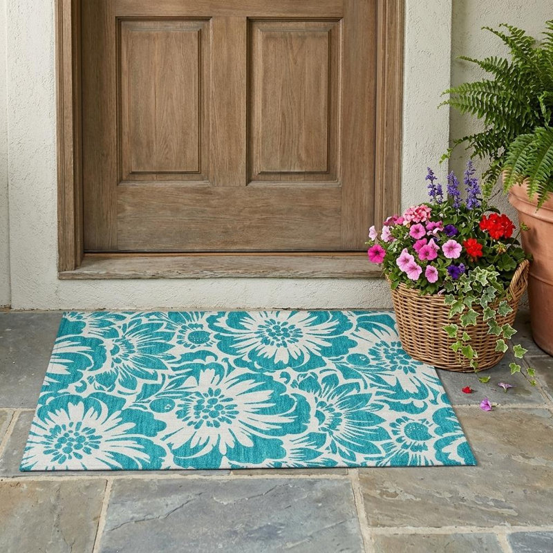 Tapis extérieur lavable antidérapant bleu sarcelle et ivoire 2 pi x 3 pi