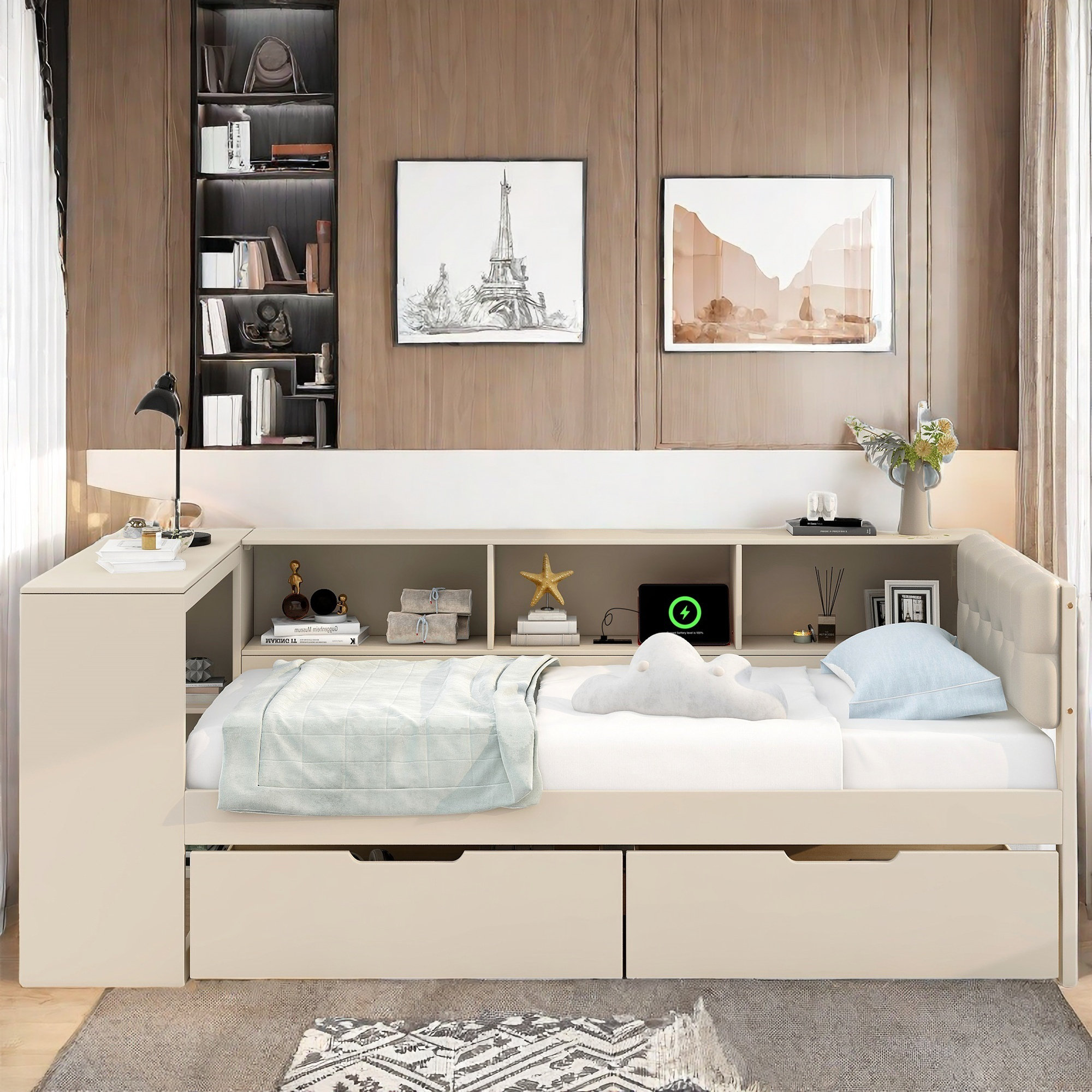 Latitude Run® Modern Bed With Storage Shelves, 2 Drawers, Charging ...