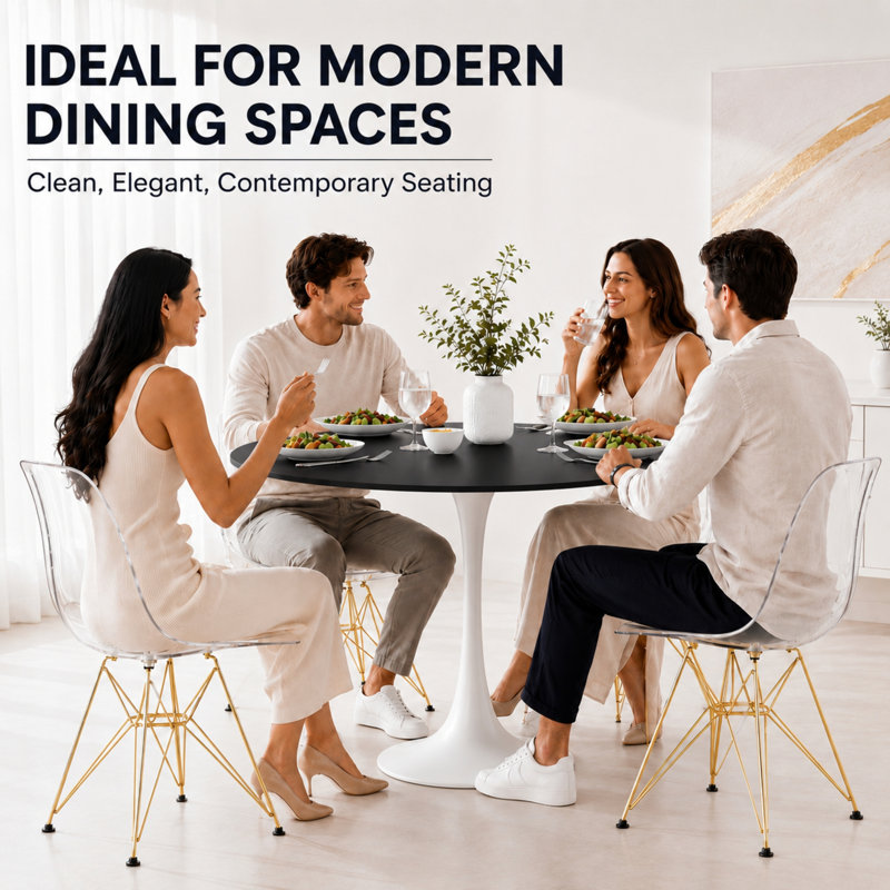 Northfleet Acrylic Dining Chair – Modern Eiffel Base Ghost Chair Accent Seating in Single, Set of 2, or Set of 4 – Gold or Chrome Legs for Banquet, Wedding, Office & Living Room Use