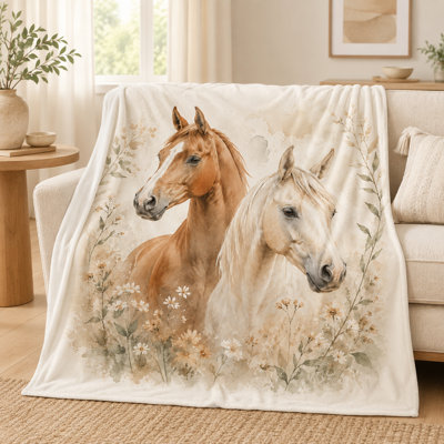 Watercolor Horse Portrait Flannel Blanket with Cream Floral Meadow Accents, Soft Equestrian Throw for Sofa, Bed and Warm Cottage and Guest Spaces, 50 x 60 in