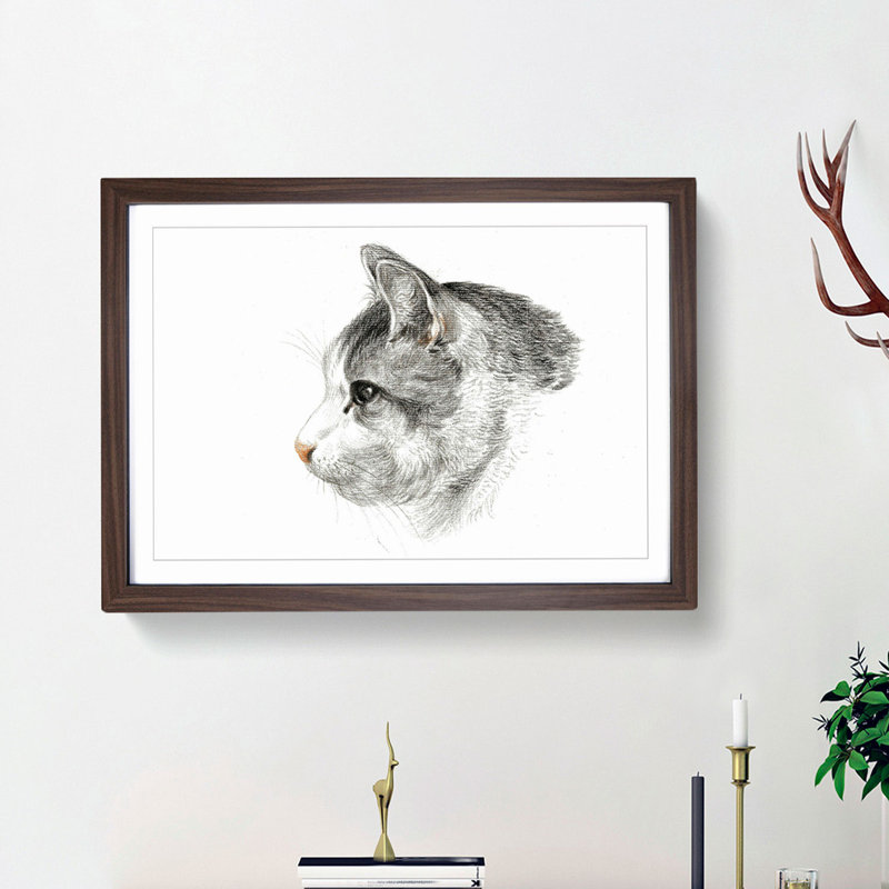 Portrait of a Cat by Jean Bernard - Picture Frame Drawing Print, 27cm H x 36cm W x 2cm D, Walnut Framed