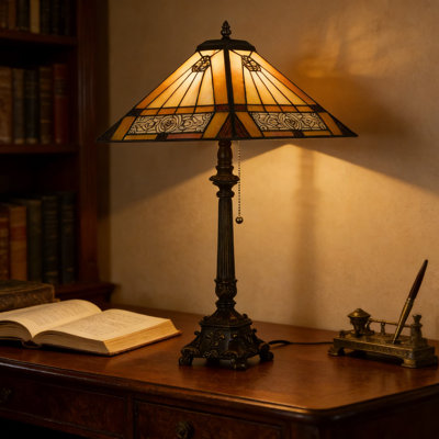 Tiffany Style Table Lamp With Handcrafted Stained Glass Shade And Bronze Resin Base, Mission Desk Lamp For Home Office Decor