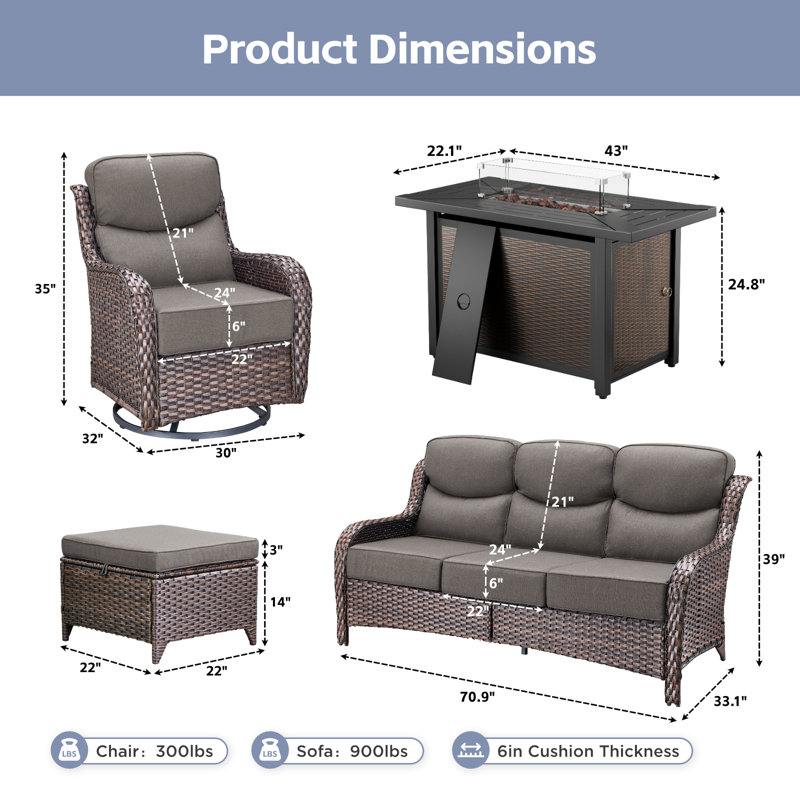 7-9 Person Outdoor Wicker Family Party Conversation Set With Swivel Rockers And Fire Pit, Gray Cushion/Brown Frame