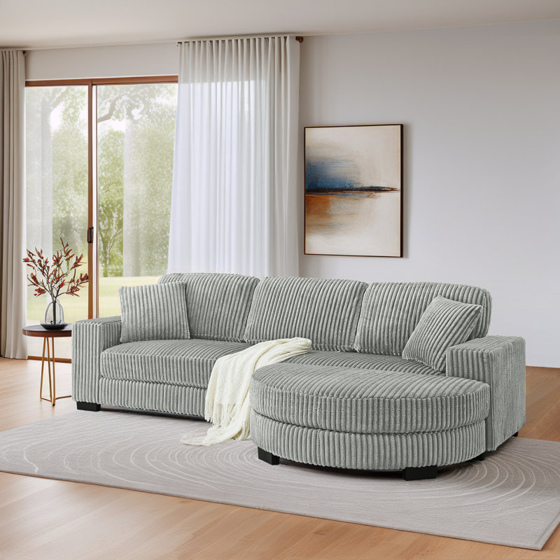Corduroy Upholstered Sofa with Removable Curved Ottoman, Gray