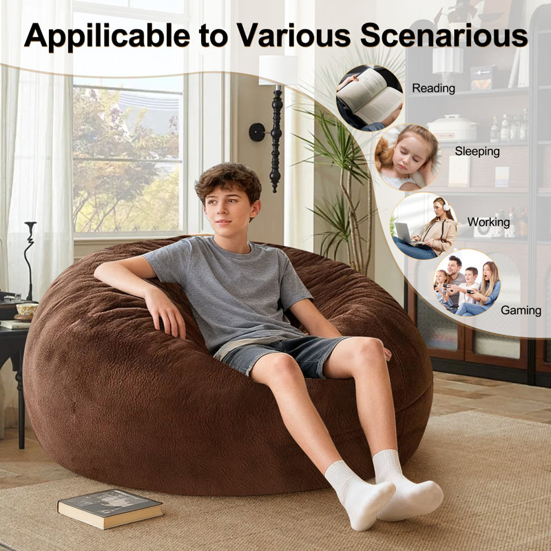   Fauteuil à billes pour adultes, fauteuil à billes de 4 pi avec rembourrage en mousse, fauteuil à billes en fausse fourrure moelleuse pour chambre à coucher dans le salon, garniture à compression (brun)