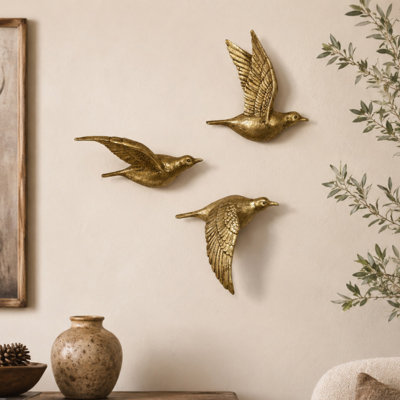 Polystone Metallic 3D Floating Bird Home Wall Decor Set of 3