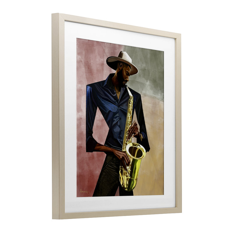 Saxophone musicien, reproduction encadrée sous verre, design par Manasseh Johnson Sr, Cadre de récolte en pin