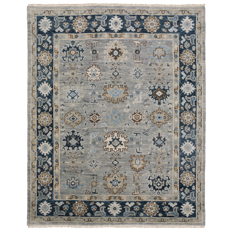 Gowen Traditional Oriental Grey/ Blue Hand-made Wool Area Rug, Rectangle 10' x 14'