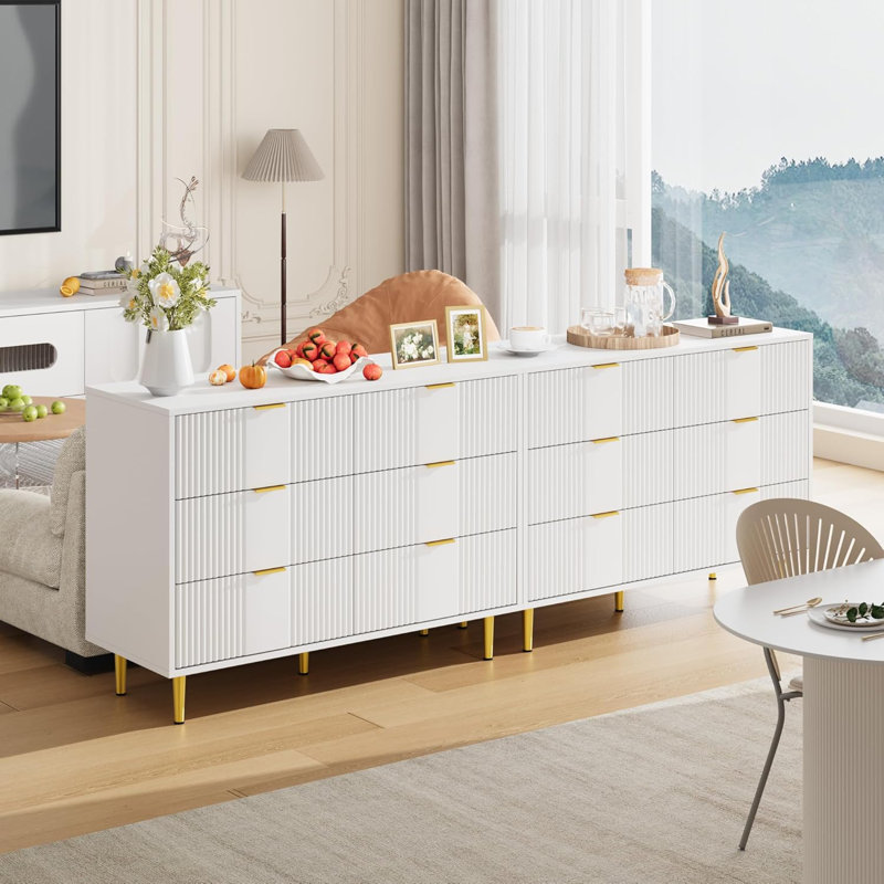 Fluted Dresser for Bedroom, Wooden Closet Clothes Storage Organizer for Living Room, Hallway, White/6 Drawers