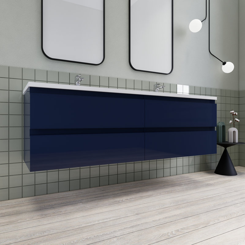 Alcester 71 " W Wall Mounted Wall Mounted Single Double Vanity Bathroom Vanity With Resin Top, Gloss Blue