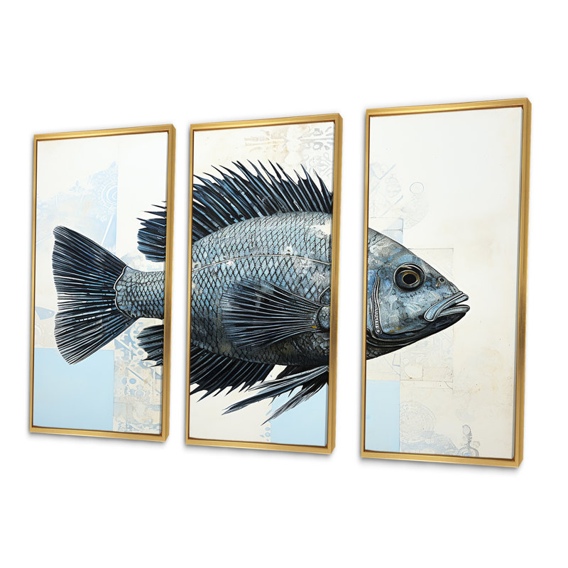 Fish In The Deep Blue - Fish Animal Canvas Wall Art Set, Gold Floater Framed, 32" H x 48" W