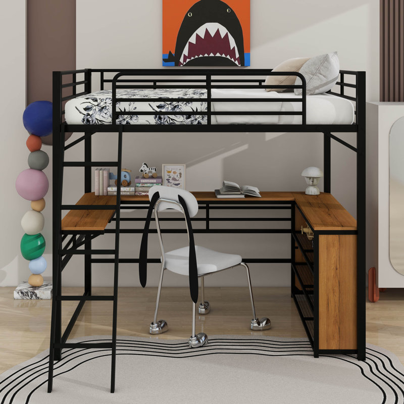 Full Size Metal Loft Bed With Shelves And Desk, Black