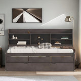 Wooden Daybed With Built-in Bookshelves, Three Storage Drawers And Trundle