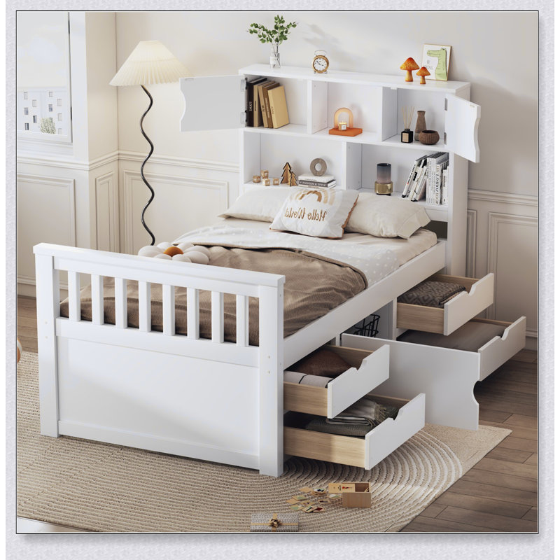 Captain Platform Bed Frame With Storage Bookcases And Shelves,Four Drawers, White