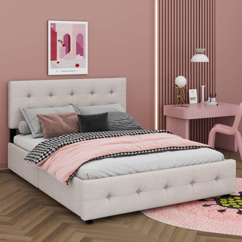 Grand lit plateforme tapissier avec deux tiroirs et un lit gigogne gigogne gigogne, Beige foncé