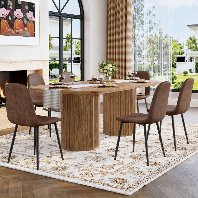 Modern Dining Table Set For 6/8/10 – 79" Dark Wood Dining Table With Dual Pedestal Base & Hidden Storage, Suede Upholstered Chairs, Large Kitchen & Dining Room Set