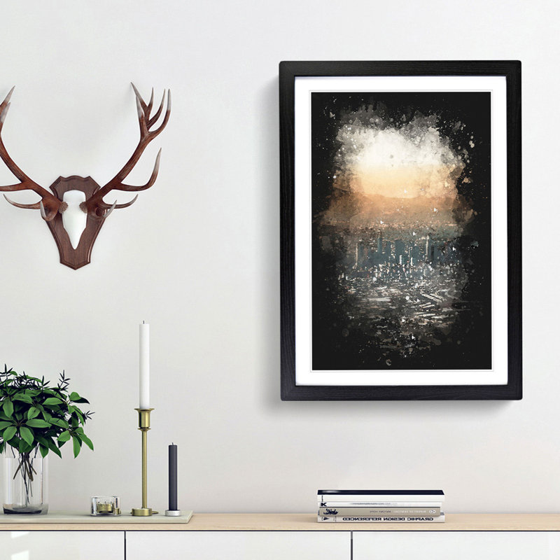 High Over The Los Angeles Skyline Paint Splash - Picture Frame Graphic Art, 45cm H x 33cm W x 2cm D, Black Framed