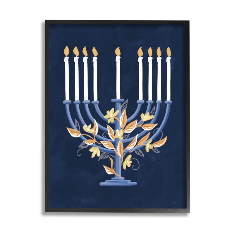 Menora traditionnelle de Hanoukka à motif floral at-174, Giclée encadrée noir minuit, H 14 po x l 11 po x P 1,5 po