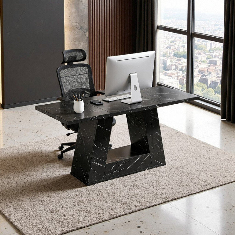 Bureau de direction en marbre 63 po - Pieds trapézoïdaux, grand espace de travail