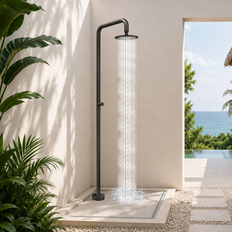 Douche extérieure autoportante 92,72 po H, acier inoxydable 316, pomme de pluie, Noir mat