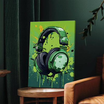 1 PC, art mural, affiches encadrées et abstraites, casque sur toile, art mural, style graffiti moderne, décor de musique pour le bureau à domicile, conception d'éclaboussure vibrante, casque d'écoute, impression, idée de cadeau de musicien urbain contemporain, prêt à être accroché